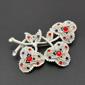 Vintage 1960s White Enamel Red Blue Rhinestones Floral Brooch - 2 3/8 Inches